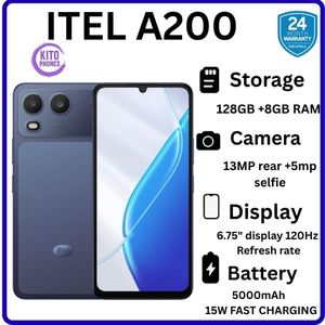 Itel A200 6.75-INCH DISPLAY, UPTO 8GB RAM(3+5GB)+ 128GB Storage,BATTERY 5000mAh ANDROID 15, DUAL SIM-1 YEAR WARRANTY.