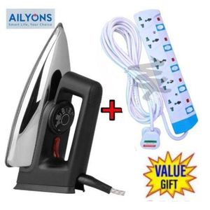AILYONS 1000W Quality Dry Iron Box With Titanium Teflon Non-Stick Soleplate +Free Quality 5 Way Power Extension