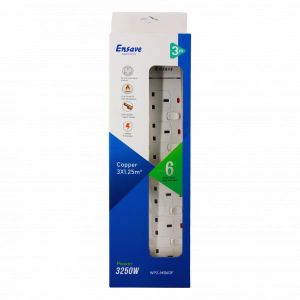 Ensave  6 Way Power Outlet Extension – 6-Gang UK Socket, Surge Protection, Heavy Duty Power Strip for Home & Office