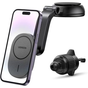 Ugreen Ugreen- CD345 Magnetic Car Wireless Charger – 15 W Qi Fast-Charge Mount w/ Vent Clip & Dashboard Suction, 360° Rotation, One-Hand Use, MagSafe-Compatible (Black