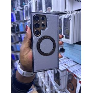 Black PU Leather Case with Ring Kickstand Compatible with MagSafe, Magnetic Back Cover for Samsung Galaxy S25 Ultra