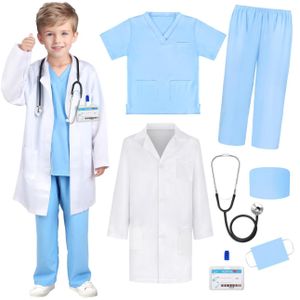 Professional Children Doctor's Costume – Kids Cosplay Medical Uniform Set with Stethoscope, Mask, Hat, White Coat, and Pants for 4–14 Years 