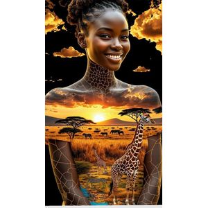 Art & Craft Boho Wall Art Double Exposure Sunset Poster – Woman Portrait with Lion Giraffe Acacia Tree Savannah Print for Living Room Bedroom Earth Tone Decor
