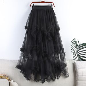 Women Tulle Skirt Floor Length High Waist Sheer Tulle Long Skirt Irregular  Hem Lace-Up Puffy Skirt Party Prom Dresses