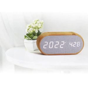 Wooden Digital Alarm Clock with wireless charging display, LED temperature, time &  humidity display 