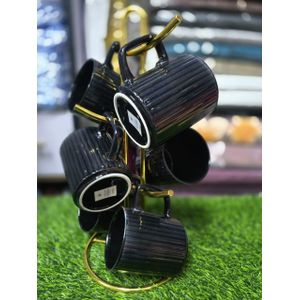 6PC Black Ribbed Ceramic Mugs 350ml – Stylish Coffee & Tea Cups Set