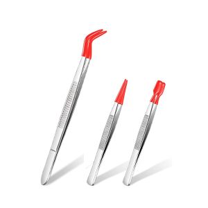 2 Pieces Tweezers curved Bent Tip Tweezers with Rubber silicone Tips PVC  Coated Non Marring Soft Long Rubber Tips Tweezers Stainless Steel Hobby