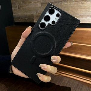 Samsung Galaxy S24 Ultra Luxury Matte Leather Magnetic Aircase – MagSafe Wireless Charging Compatible Shockproof Bumper Cover, Soft Leather Anti-Scratch Protective Phone Case (Blackish)