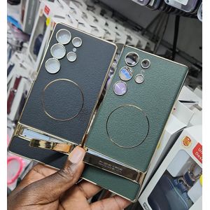 Samsung Galaxy S24 Ultra Magnetic Carbon Fiber Leather Stand Case Premium Luxury Protective Back Cover with Built-In Kickstand - Black