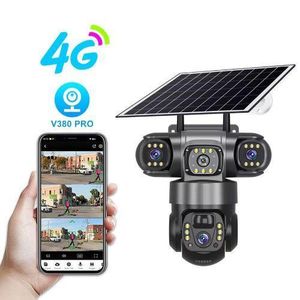 V380 pro Solar 4g camera 3 lens 3 screen view motion detection IP66 waterproof 4g simcard cctv camera