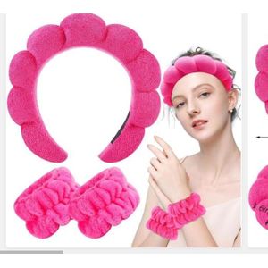 Spa Headband And Wristband Set Day Skincare Headband for Washing Face Hot Pink Puffy Sponge Makeup Bubble Head Band Hair Claw Clips Wrist Towels Headwear Scrunchies for Women Girls Non Slip Thick Hair Accessory(pink))