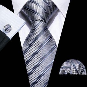 Men's Tie Grey striped Necktie with Handkerchief and Cufflinks Set Classy Official Accessory 