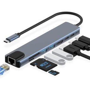 8 in 1 USB C Hub Adapter with HDMI RJ45 LAN USB 3.0 SD TF and 100W PD for MacBook and Laptop