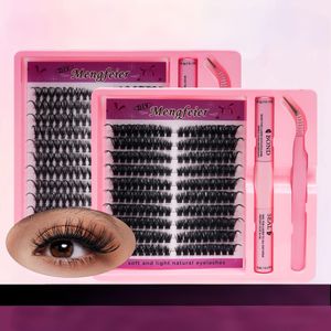 Lash Clusters Kit 180Pcs Fluffy Cat-Eye Look Individual Eyelash Extensions, Volume Effect, C/D Curl False Eyelashes Kit with Glue Tweezers Removers Eyelash & Eyebrow Brush