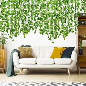 12pcs Rattan Artificial Leaves Vines Leaves Grape Ivy Leaf 2.2m Plant Vine Hanging Realistic Fake Leaves Flower For Decorations 