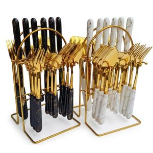 24 piece Premium marble gold cutlery set, flatware including 6 spoons, 6 forks, 6 butter knives and 6 tea spoons- BLACK