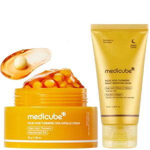 Medicube  Kojic Acid Turmeric Vita Capsule Cream + Kojic Acid Turmeric Overnight Wrapping Mask. Moisturizes, Give a glass glow skin, Removes dark spots, Hyperpigmentation, Acne marks & Discoloration, Wrinkles, Softens, Brightens, Smoothes, Soothes redness & Evens 