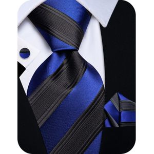 Royal blue and black striped necktie with cufflinks and pocket square 