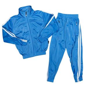 A blue tracksuit with two white stripes in sizes 26 to 38