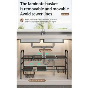 2 layer stainless steel expandable under the sink pool rack adjustable storage organizer for kitchen bathroom cleaning supplies and household essentials, rust resistant multifunctional space saving shelf