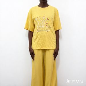 Yellow Embroidered Elephant Graphic Cotton T-Shirt