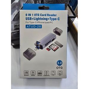 6 in 1 OTG Card Reader with USB, Lightning, and Type-C – Ideal for Camera, Monitor, Printer, and More