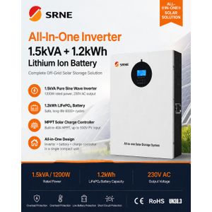 SRNE All-in-One Solar Inverter 1.5kVA 1500W + 1.28kWh Lithium Battery  Pure Sine Wave  Built-in MPPT  UPS 