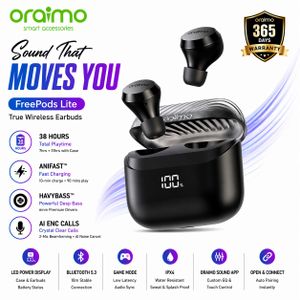 Oraimo FreePods Lite True Wireless Earbuds/Airbuds /38H Playtime, ENC Noise Cancellation, Fast Charging, Bluetooth 5.3, Black, 1 Year Warranty