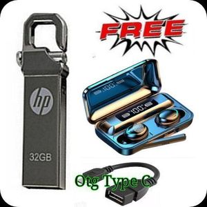 HP 32GB Flash Disk/32 GB FlashDisk USB Metallic + Free  Otg Type C &  F9 Bluetooth Earbuds