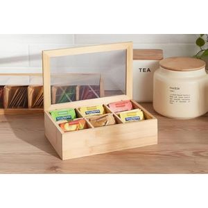 6 Compartment  Bamboo Tea Box Organizer/Storage with transparent Lid Cover
