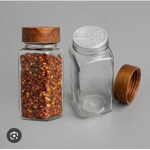 4 pcs Spices bottle, Square Glass Spice Jars with Acacia Wood Lids - Seasoning Containers (4 PCS), Kitchen Seasoning Shakers, Glass Spice Containers with Wooden Lids.