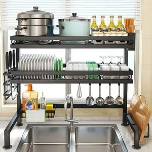 Heavy duty double Over The Sink Dish Drying And Utensils Storage Rack Width Adjustable Knob Screw Design Fits Small Single Or Large Double Sink With Cutlery Holder Plate Drainer And Kitchen Organization Features