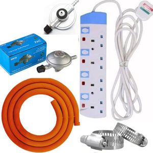 Pac 6kg universal gas regulator PLUS GIFTS 2M Gas Delivery Hose Pipe, Safety Pipe Clips 2 & BEST 4 WAY POWER EXTENSION Cable Socket