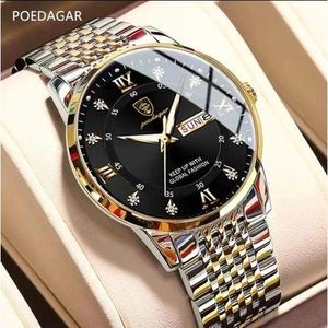 POEDAGAR  Luxury Men Watch Waterproof Luminous Stainless Steel Watches With Date and Week