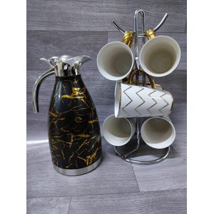 Breakfast Set Combo – Marble Flask & 6 Long Mugs – Dining Tableware