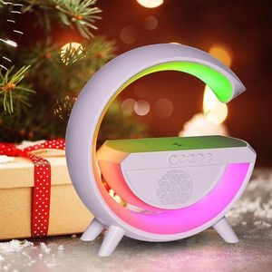 5-In-1 Bed Time Bluetooth alarm Wireless Charger Night Lights with Wireless Charger & Bluetooth Speaker, 15W Qi Fast Charging RGB Table Lamp, Built-in Microphone, Support FM Radio/TF/Aux for Bedroom, Bedside, Room Decor, Gift, Party