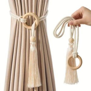 2pcs curtain tassel holdbacks,  Handwoven cord with wooden ring,  Elegant bohemian design.