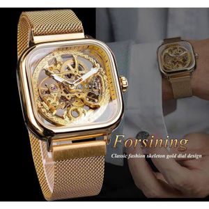 Automatic FORSINING Skeleton Watch – Mesh Strap, Stainless Steel, Water Resistant Elegance