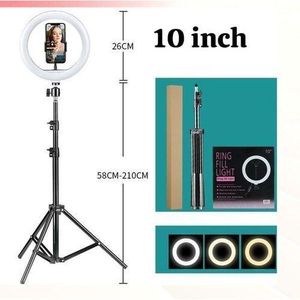 10-inch LED Ringlight Fill Light featuring a 58cm-210cm adjustable tripod stand and a mobile phone holder