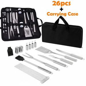 27pcs Barbecue BBQ Grill Utensils Tool Set – Complete Grilling Stainless Steel Kit with Portable Storage Bag Spatula Fork Tongs Knife Brush Skewers Meat Claws Home, Outdoor and Camping