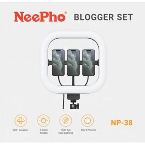 NeePho NP-38 Blogger LED Panel Light – Rectangular Fill Light with Triple Phone Holder, Adjustable Brightness (3000K-6000K), 360° Rotation, Eye Protection, AC Powered (180-240V) Black