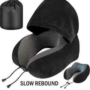 GALUIN Hooded Travel Neck Pillow For Airplane, Velvet Memory Foam Neck Pillow -Black