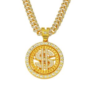 Hip-Hop Gold Men Necklace, Alloy Diamond-Studded Rotating Pendant Chain Personalized Punk Jewelry