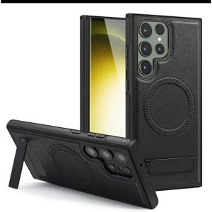 Magsafe2 Compatible with Samsung Galaxy s25 Ultra Case PU Leat Magnetic Cover Stand Funda Rugged Best Phone Cases for S25 Ultra leather Black and Grey