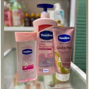 Vaseline 3 in 1 Brightening Package - Intensive Care Vitamin B3 Body Oil + Daily Brightening Even Tone Lotion + Gluta-Hya Dewy Radiance Serum Burst Lotion - Best Brightening Bundle Kenya