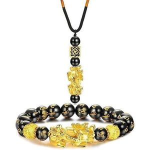 New Feng Shui Black Obsidian Wealth Bracelet Necklace Set.