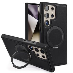 Black PU Leather Case with Ring Kickstand Compatible with MagSafe, Magnetic Back Cover for Samsung Galaxy S22 Ultra
