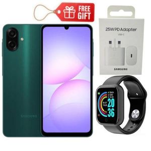 Samsung Galaxy A07, 6.7'' Display, 4GB RAM+ 64GB ROM (Dual) 50MP Camera, 5000mAh-2 yrs warranty , Dark Green + Smart Watch & Travel Adapter,,