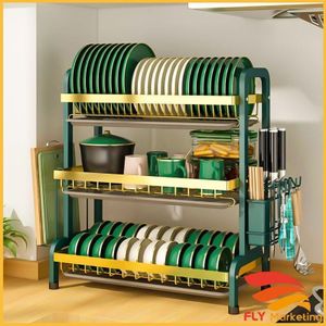 3 Layer Dishrack Greengold – Durable Stainless Steel Kitchen Organizer with Large Capacity, Multi-Tier Drying Rack, Cutlery Holder & Tray, Rust-Resistant, Space-Saving Design