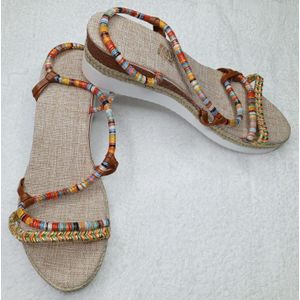 Ladies Bohemian Platform Wedge Sandals – Multicolor Straps – Jute-Style Footbed – White Sole